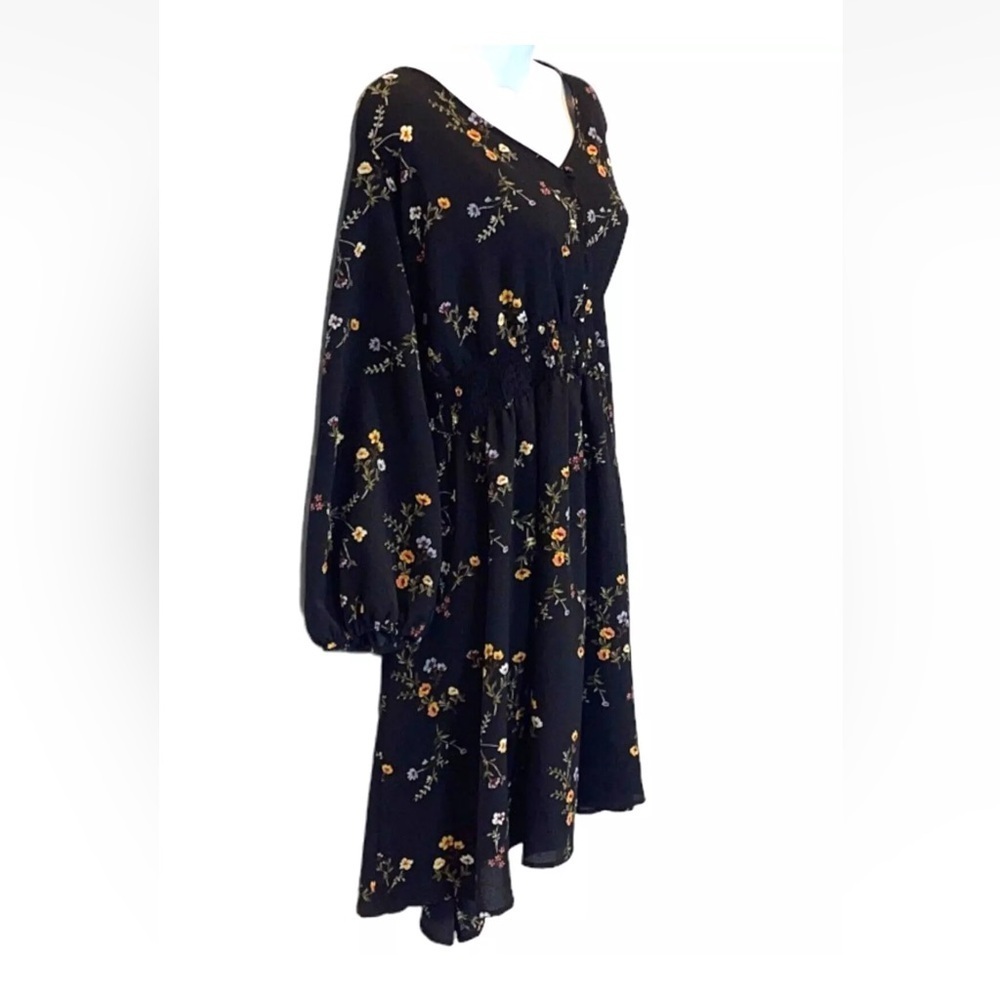 Always Indigo Floral Boho Dress 2X Black Smocked Waist Button Front Fall Midi - Picture 3 of 9